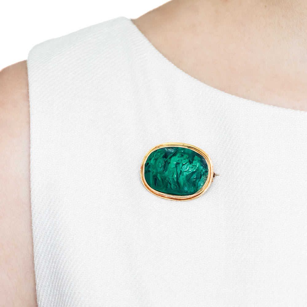 Victorian Malachite Pictorial Cameo Brooch - 9