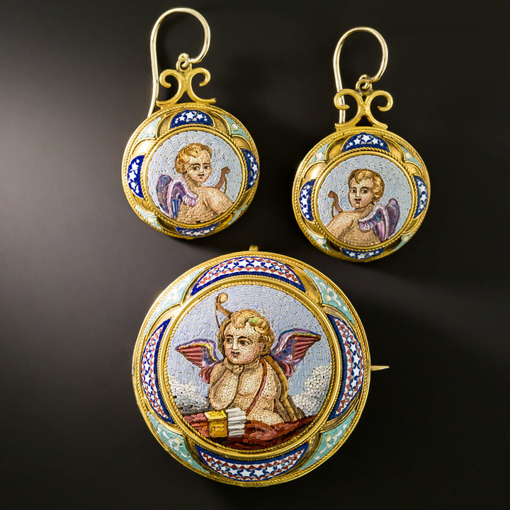 Victorian Micromosaic Cupid Brooch and Earrings Suite