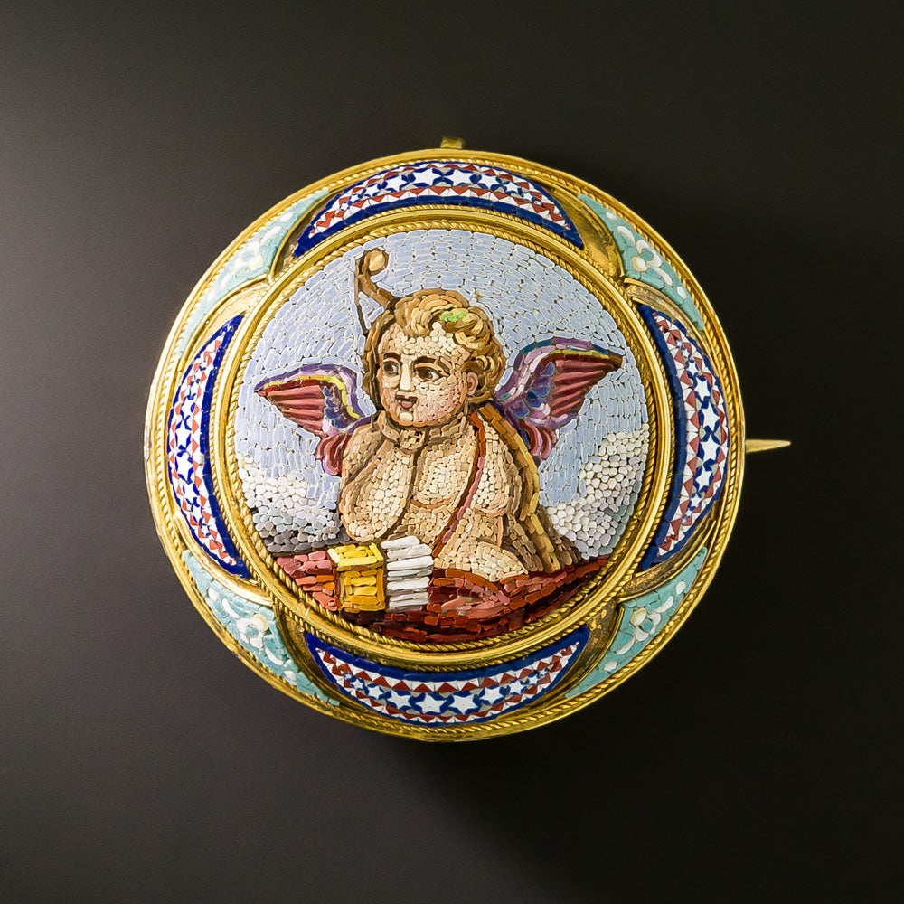 Victorian Micromosaic Cupid Brooch and Earrings Suite - 3