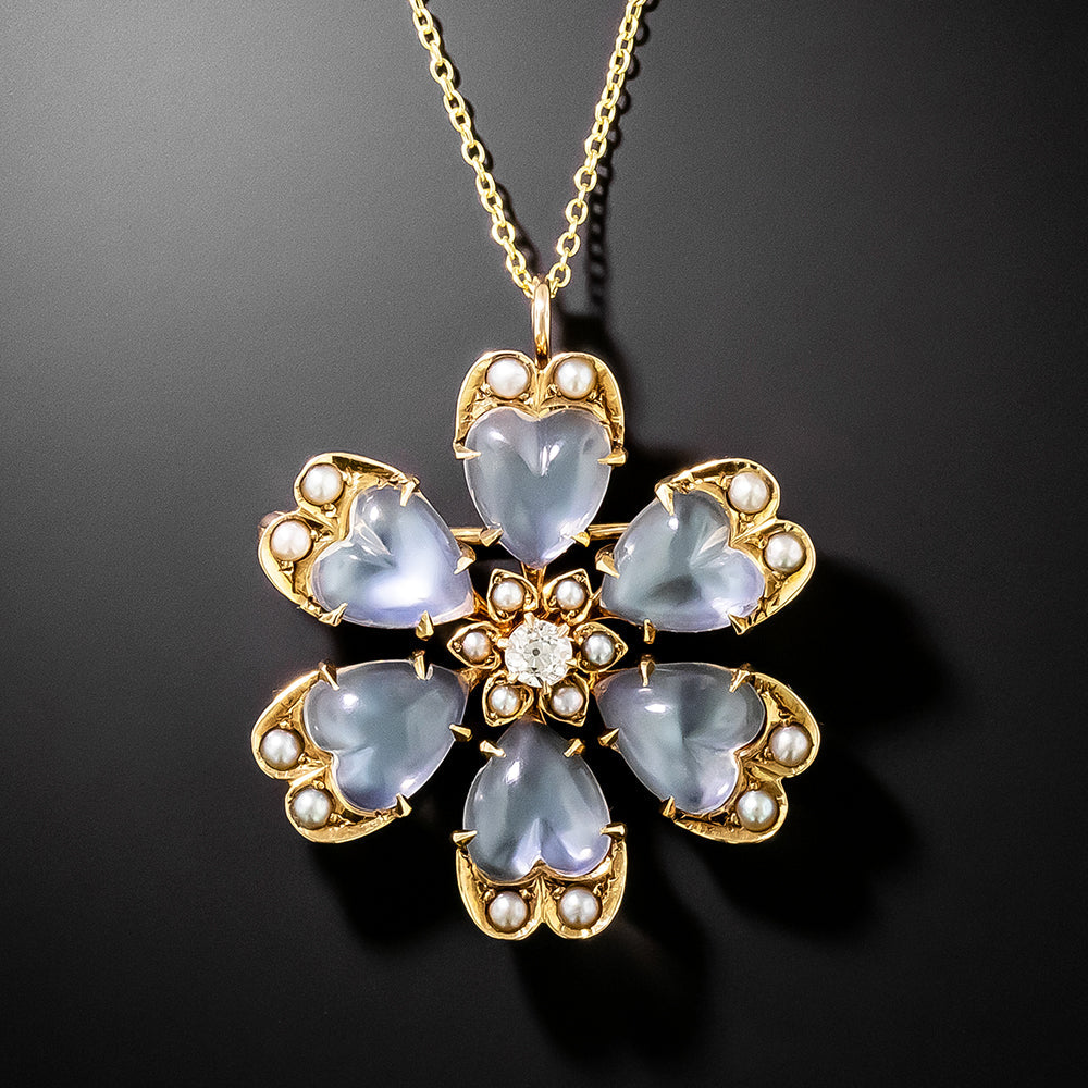 Victorian Moonstone, Diamond and Pearl Flower Pendant/Brooch - 2
