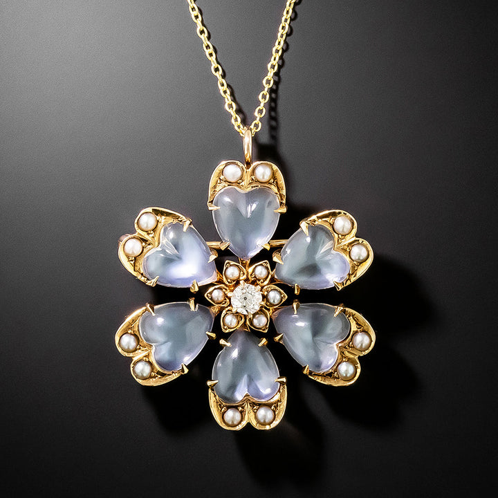 Victorian Moonstone, Diamond and Pearl Flower Pendant/Brooch