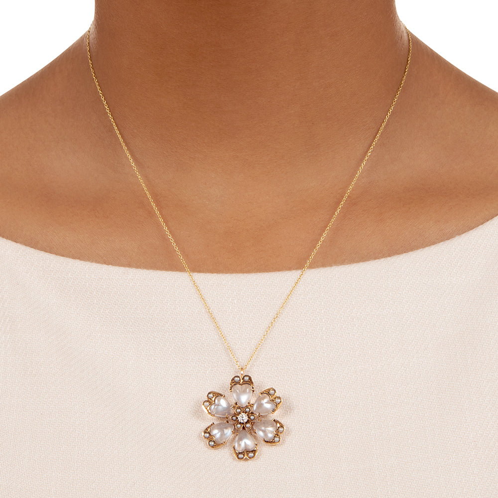 Victorian Moonstone, Diamond and Pearl Flower Pendant/Brooch - 4