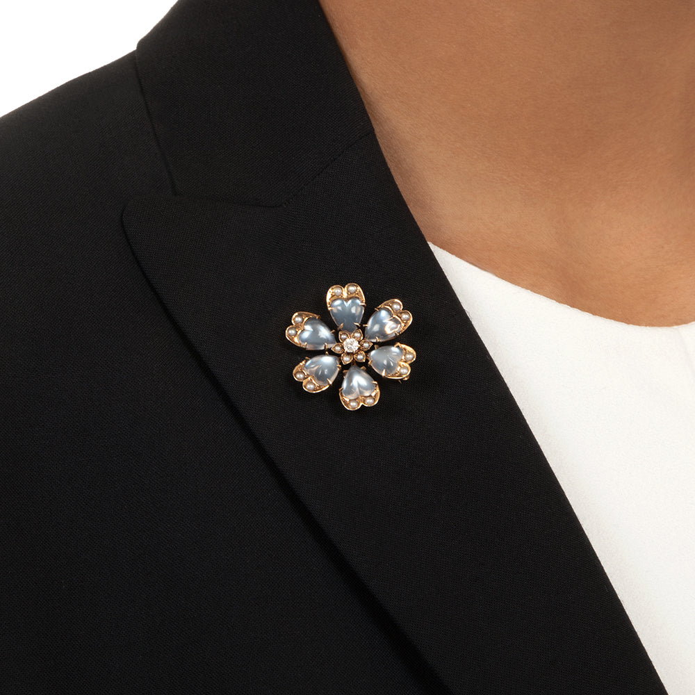 Victorian Moonstone, Diamond and Pearl Flower Pendant/Brooch - 5