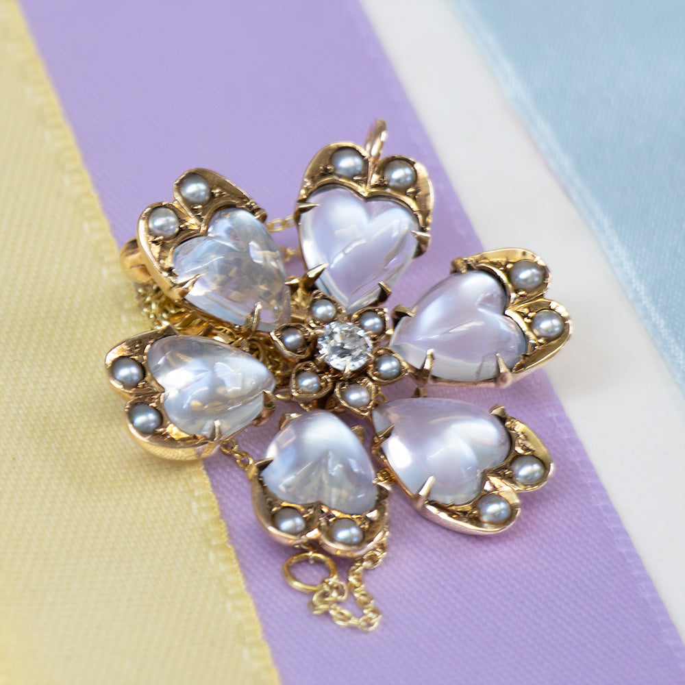 Victorian Moonstone, Diamond and Pearl Flower Pendant/Brooch - 6