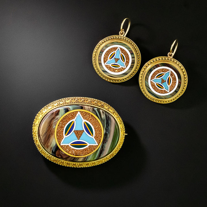Victorian Mosaic Glass Earring and Brooch Set