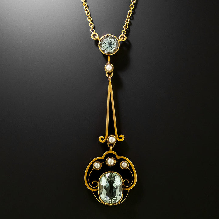 Victorian Natural Pearl and Aquamarine Drop Necklace, United Kingdom