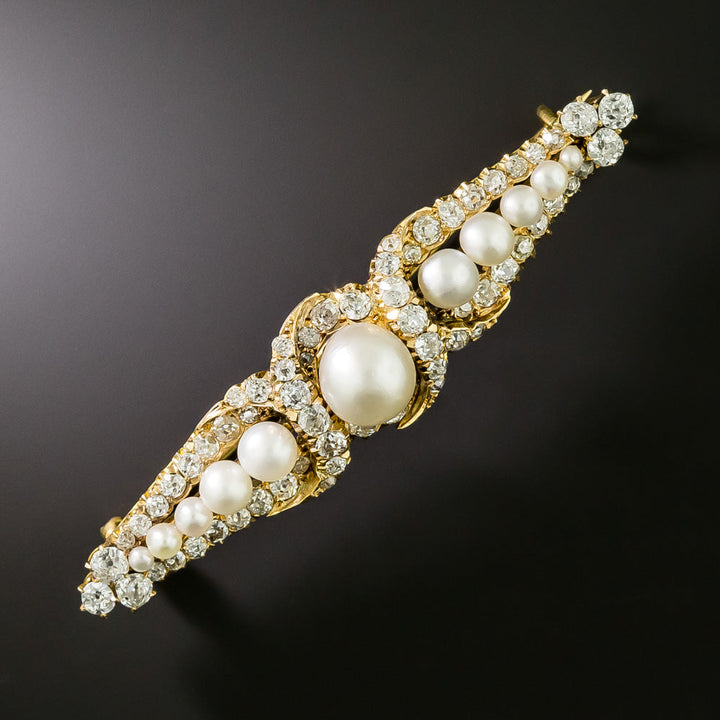 Victorian Natural Pearl and Diamond Bar Pin - GIA