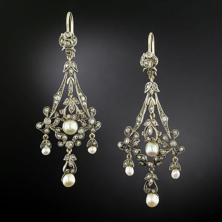 Victorian Natural Pearl and Diamond Dangle Earrings