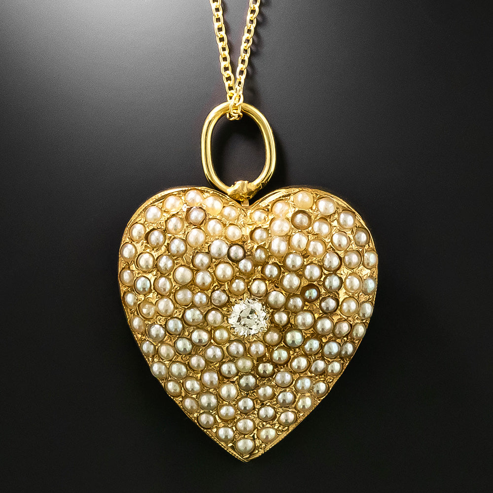 Victorian Natural Pearl and Diamond Heart Necklace - 3
