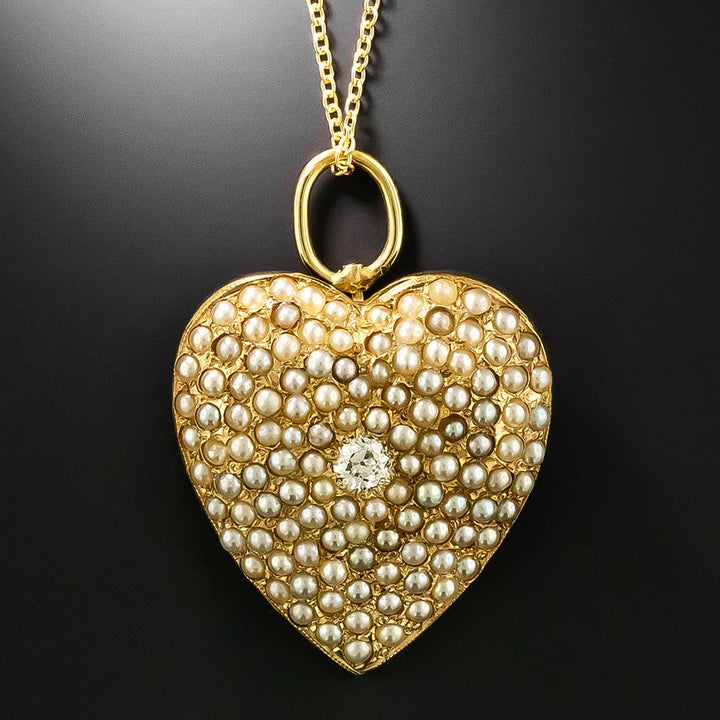 Victorian Natural Pearl and Diamond Heart Necklace