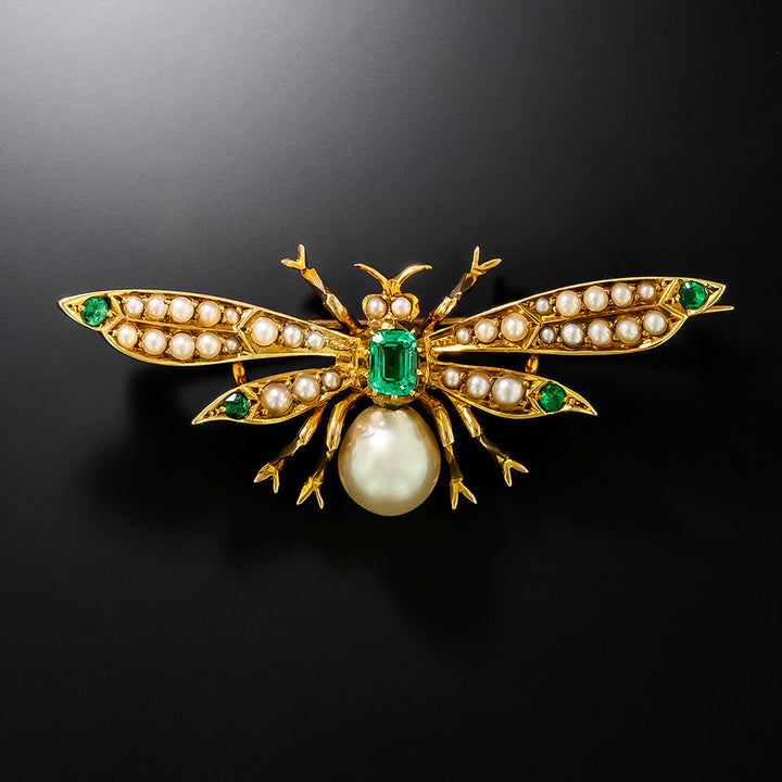 Victorian Natural Pearl and Emerald Insect Brooch, English