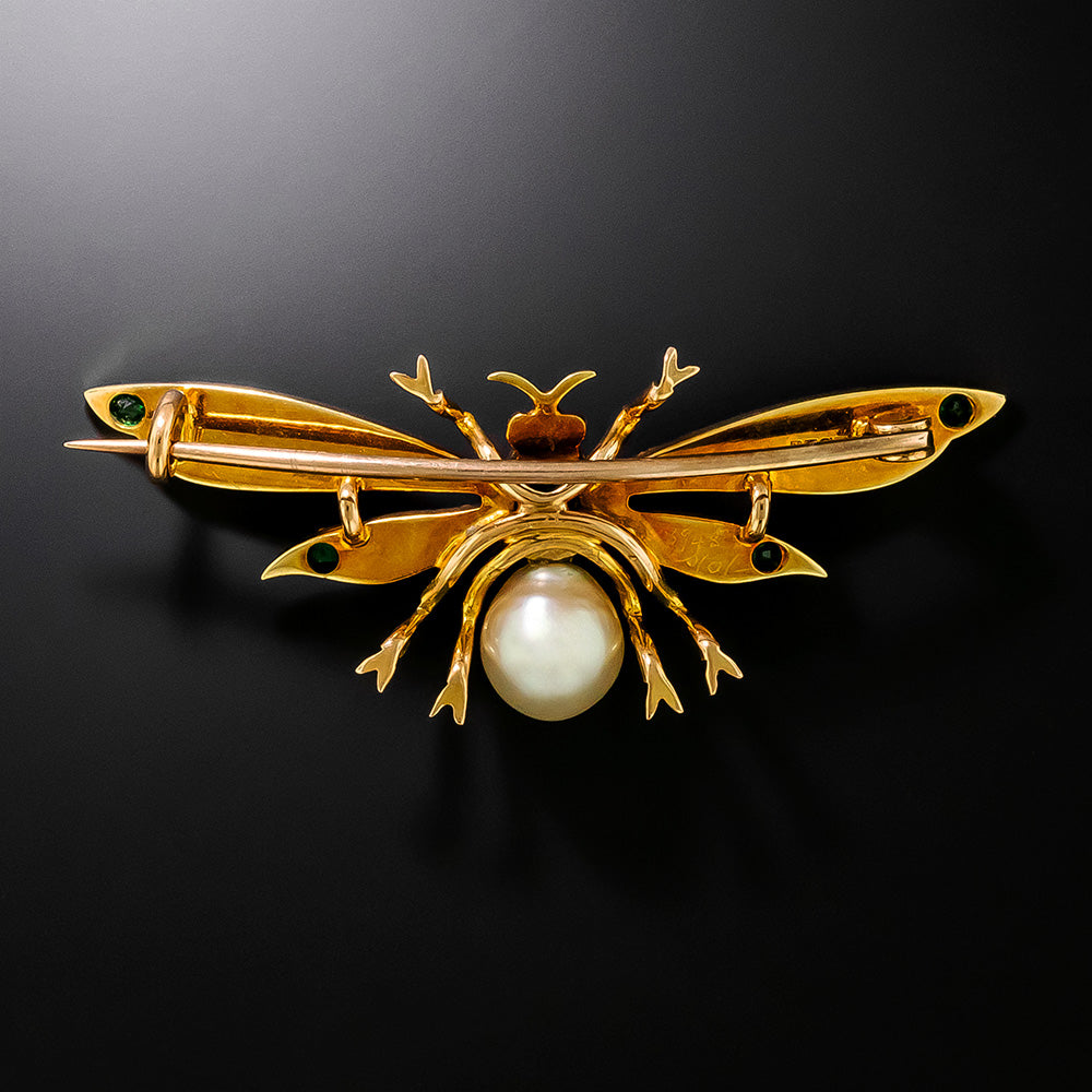 Victorian Natural Pearl and Emerald Insect Brooch, English - 3