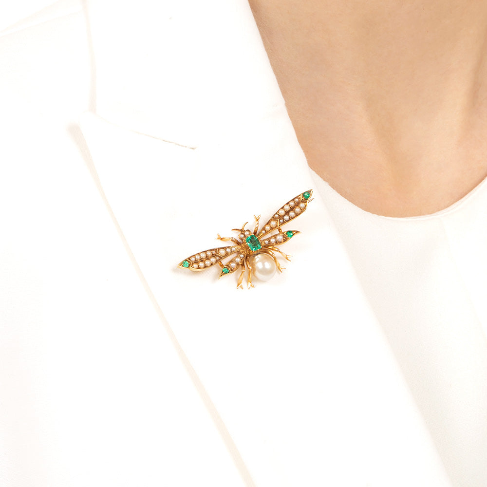 Victorian Natural Pearl and Emerald Insect Brooch, English - 4