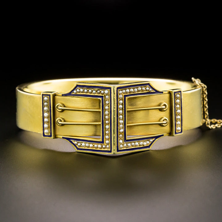 Victorian Natural Pearl and Enamel Buckle Bangle Bracelet