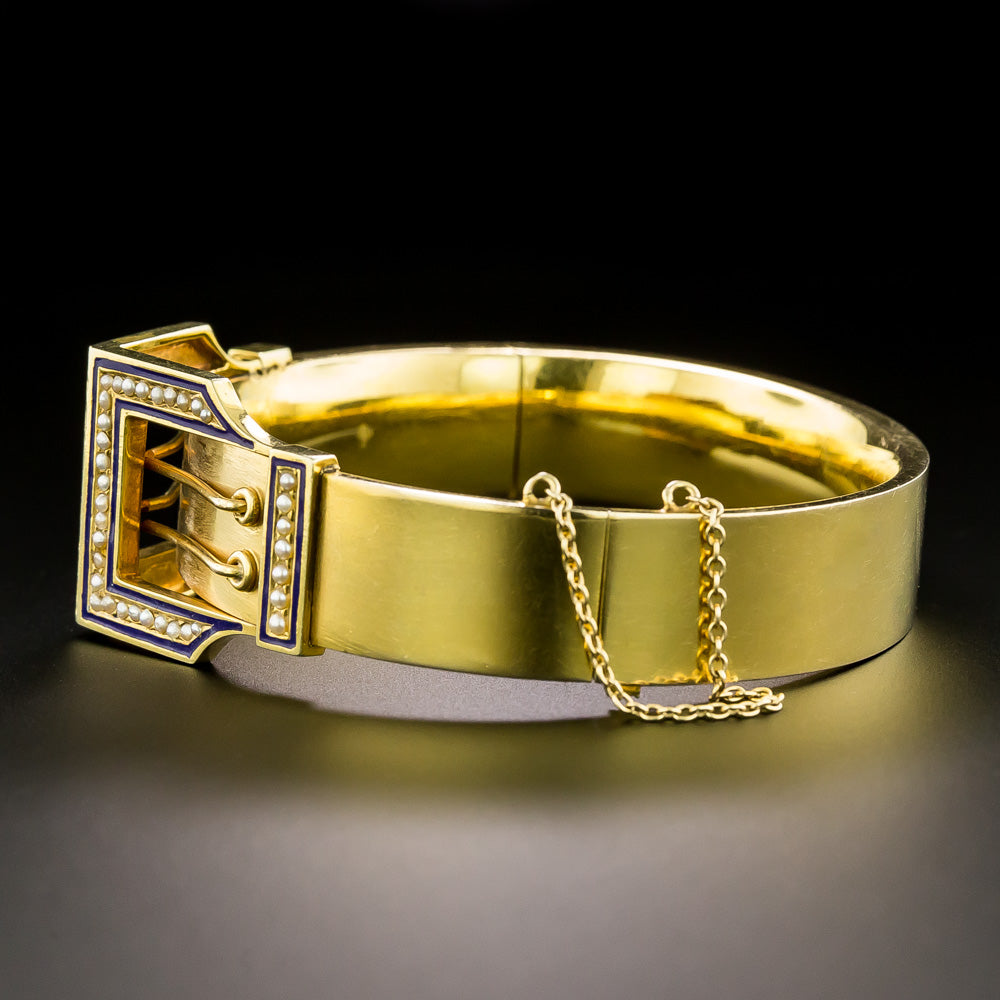 Victorian Natural Pearl and Enamel Buckle Bangle Bracelet - 3