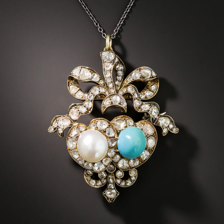 Victorian Natural Pearl, Turquoise and Diamond Double-Heart Pendant/Brooch - GIA