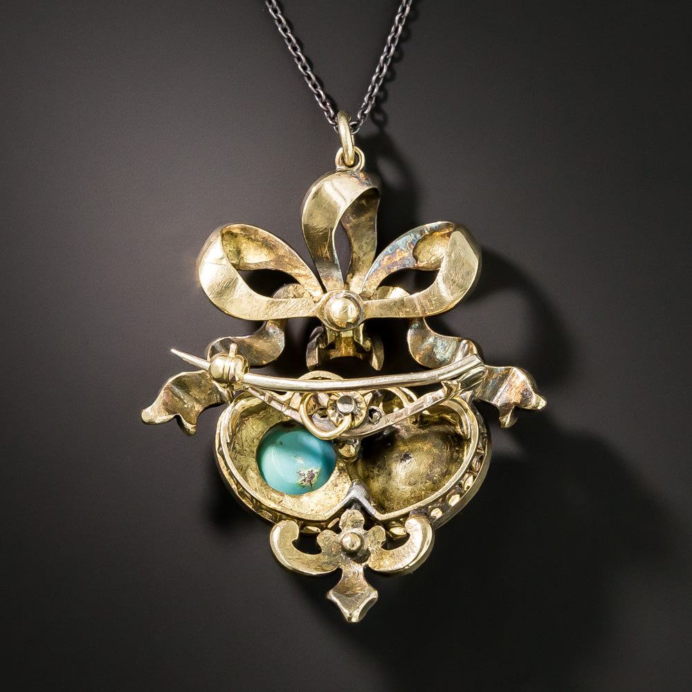 Victorian Natural Pearl, Turquoise and Diamond Double-Heart Pendant/Brooch - GIA - 3