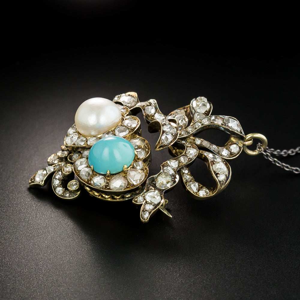 Victorian Natural Pearl, Turquoise and Diamond Double-Heart Pendant/Brooch - GIA - 4