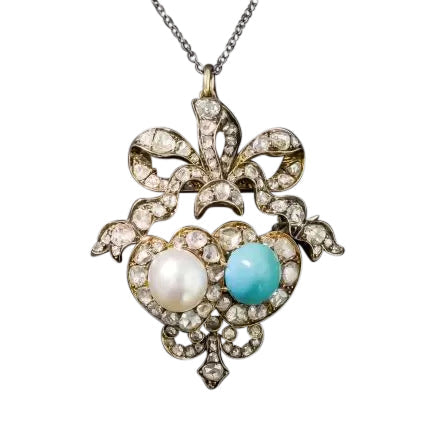 Victorian Natural Pearl, Turquoise and Diamond Double-Heart Pendant/Brooch - GIA - 5