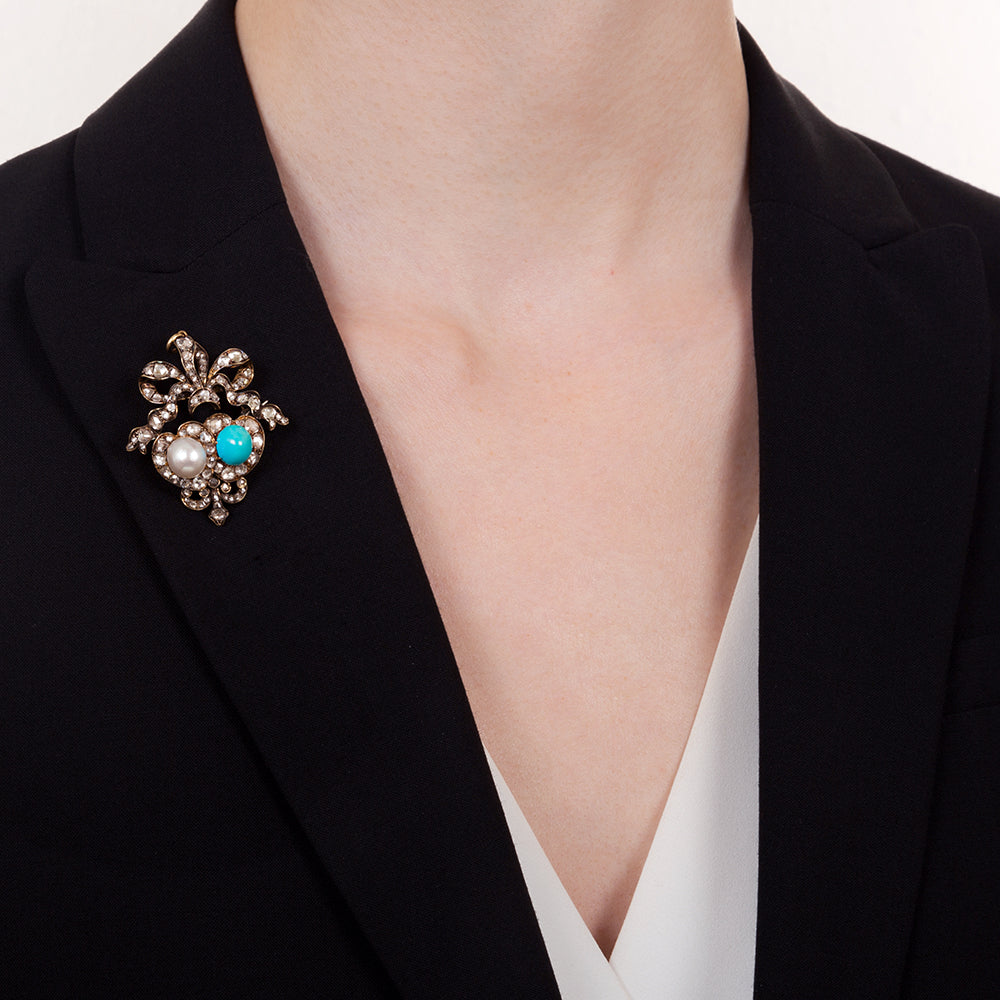 Victorian Natural Pearl, Turquoise and Diamond Double-Heart Pendant/Brooch - GIA - 6