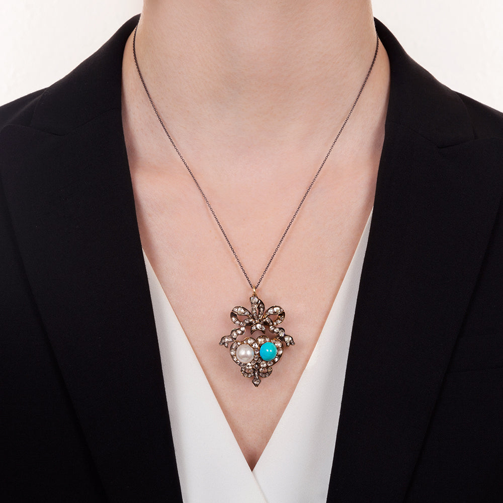 Victorian Natural Pearl, Turquoise and Diamond Double-Heart Pendant/Brooch - GIA - 7