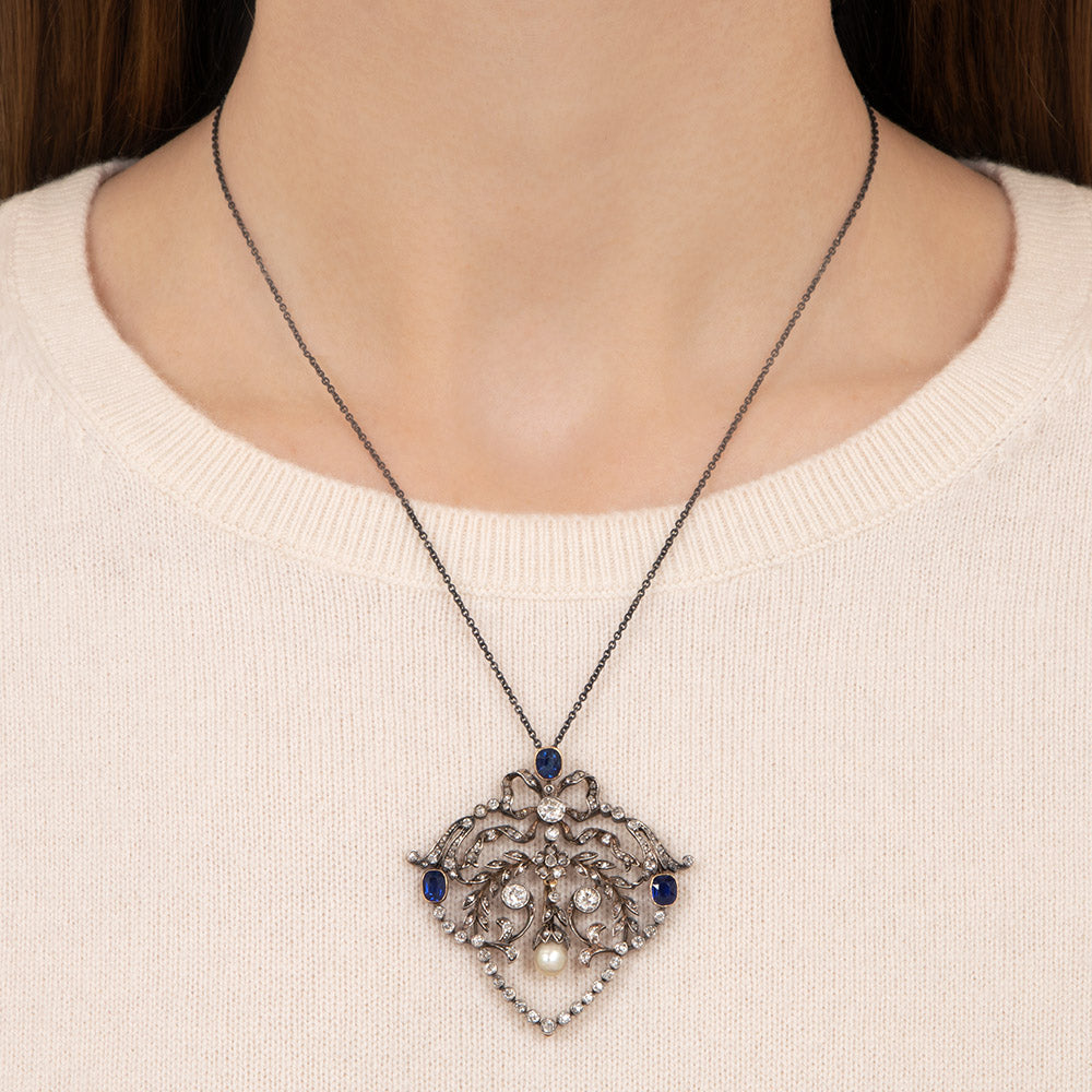 Victorian No-Heat Sapphire, Diamond and Natural Pearl Lavalière  - GIA - 3