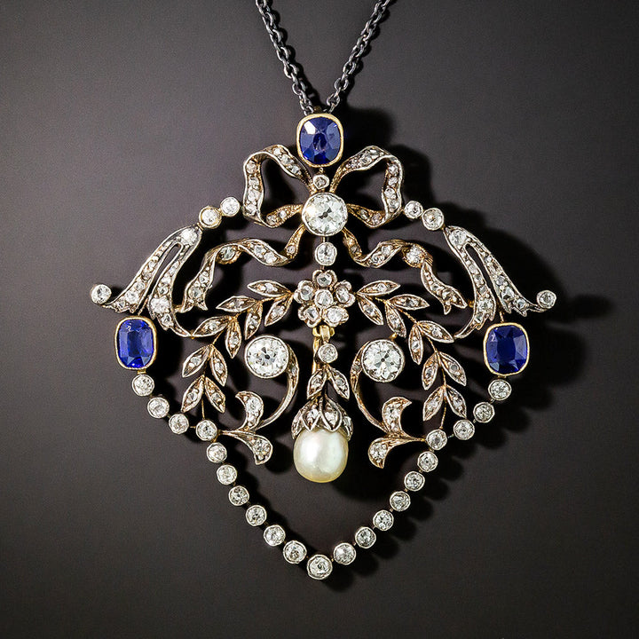 Victorian No-Heat Sapphire, Diamond and Natural Pearl Lavalière  - GIA