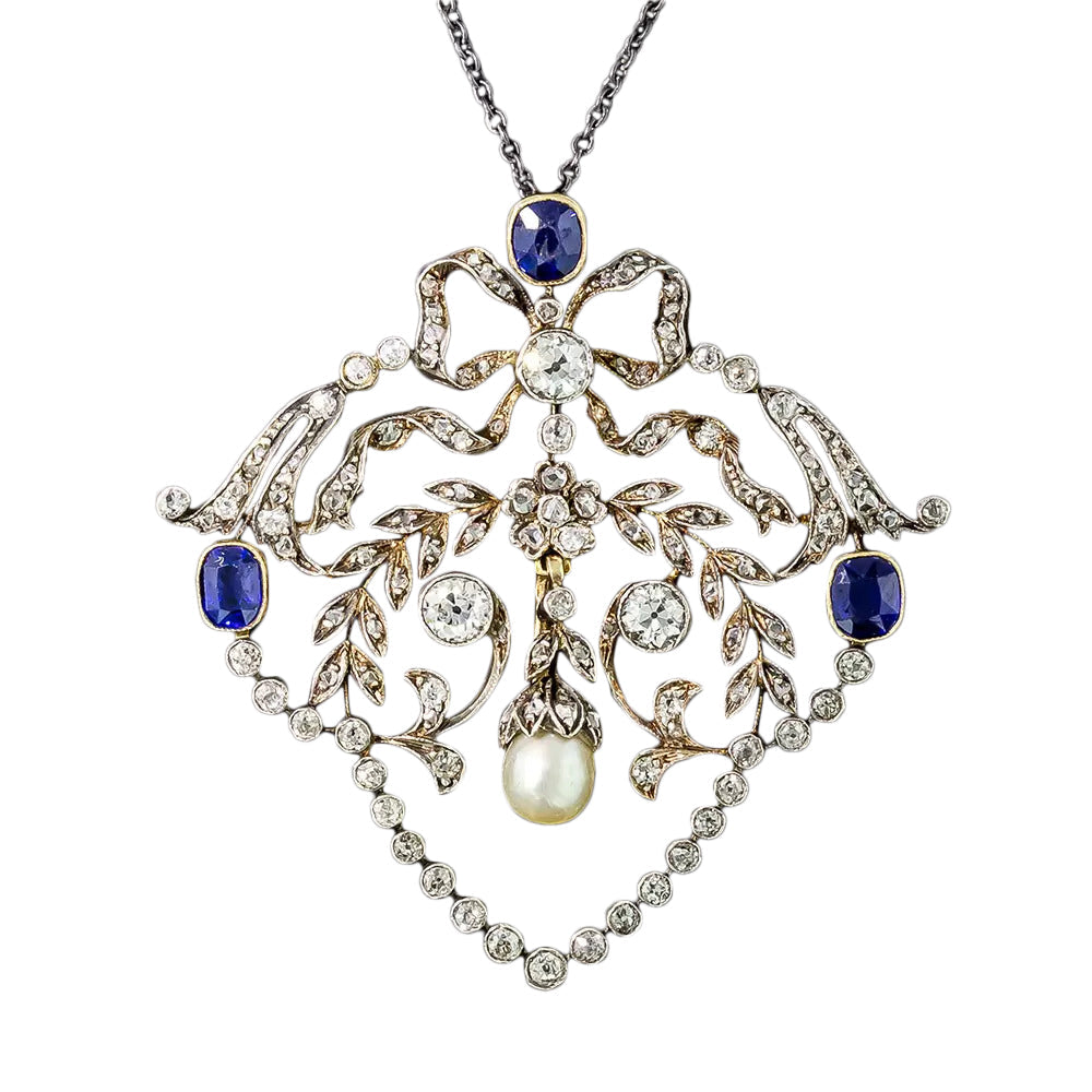 Victorian No-Heat Sapphire, Diamond and Natural Pearl Lavalière  - GIA - 3