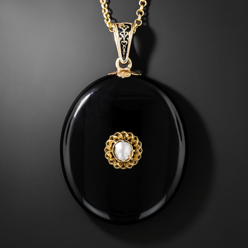 Victorian Onyx and Pearl Pendant Locket Necklace - 2