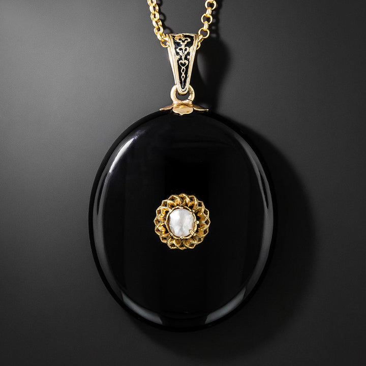 Victorian Onyx and Pearl Pendant Locket Necklace