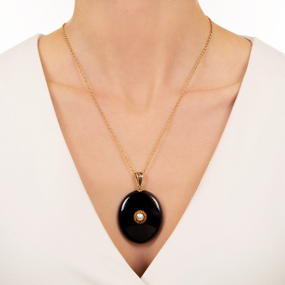 Victorian Onyx and Pearl Pendant Locket Necklace - 5