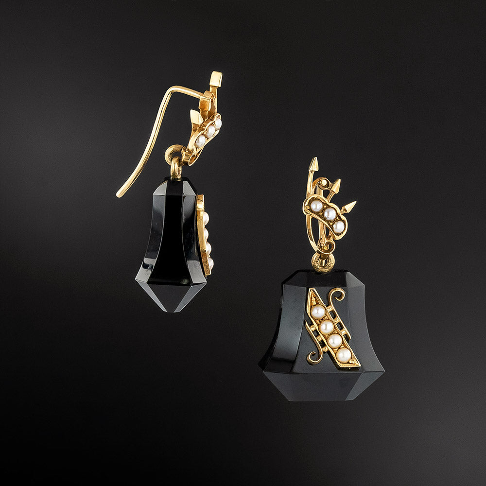 Victorian Onyx and Seed Pearl Earrings  - 3