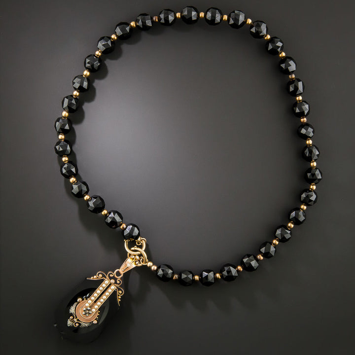Victorian Onyx and Seed Pearl Locket Pendant Necklace