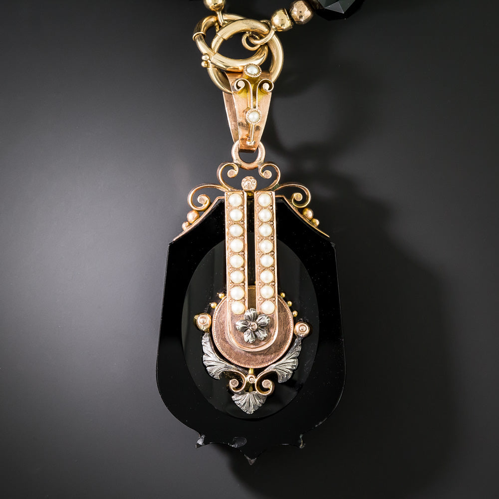 Victorian Onyx and Seed Pearl Locket Pendant Necklace - 3