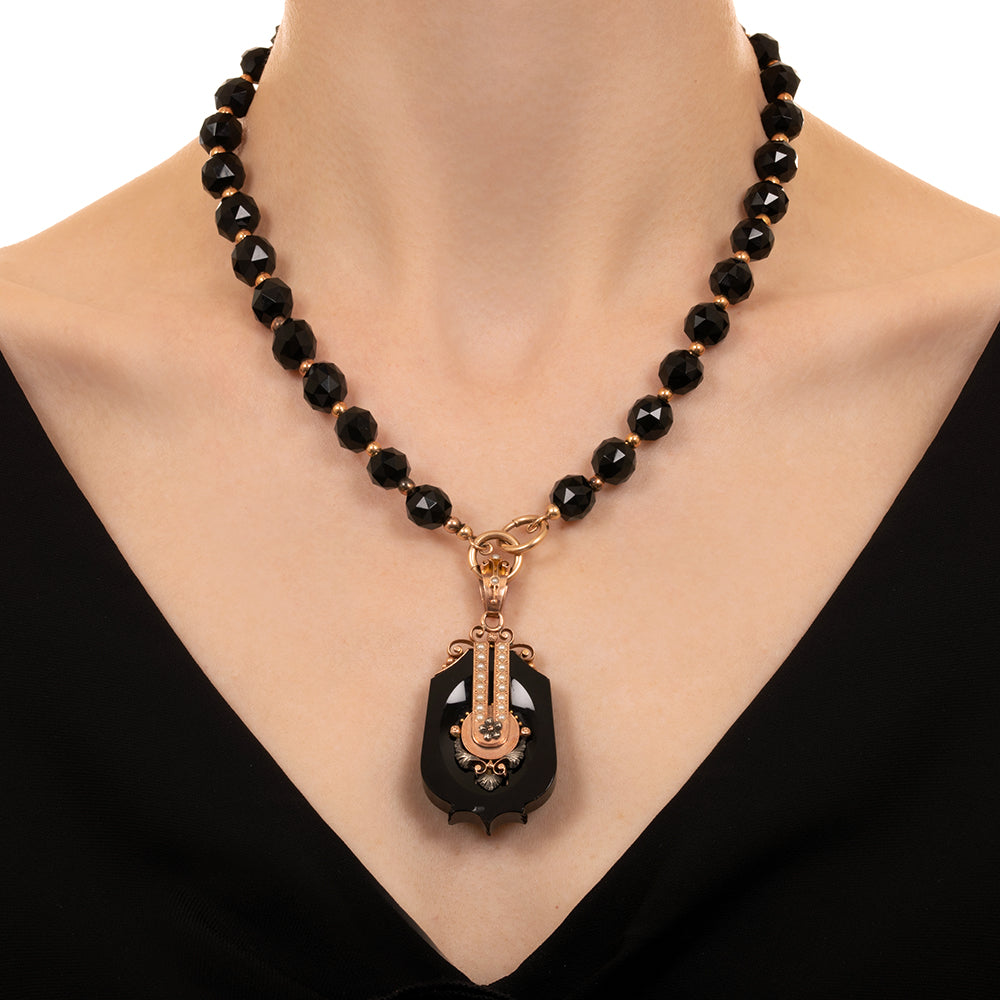 Victorian Onyx and Seed Pearl Locket Pendant Necklace - 6