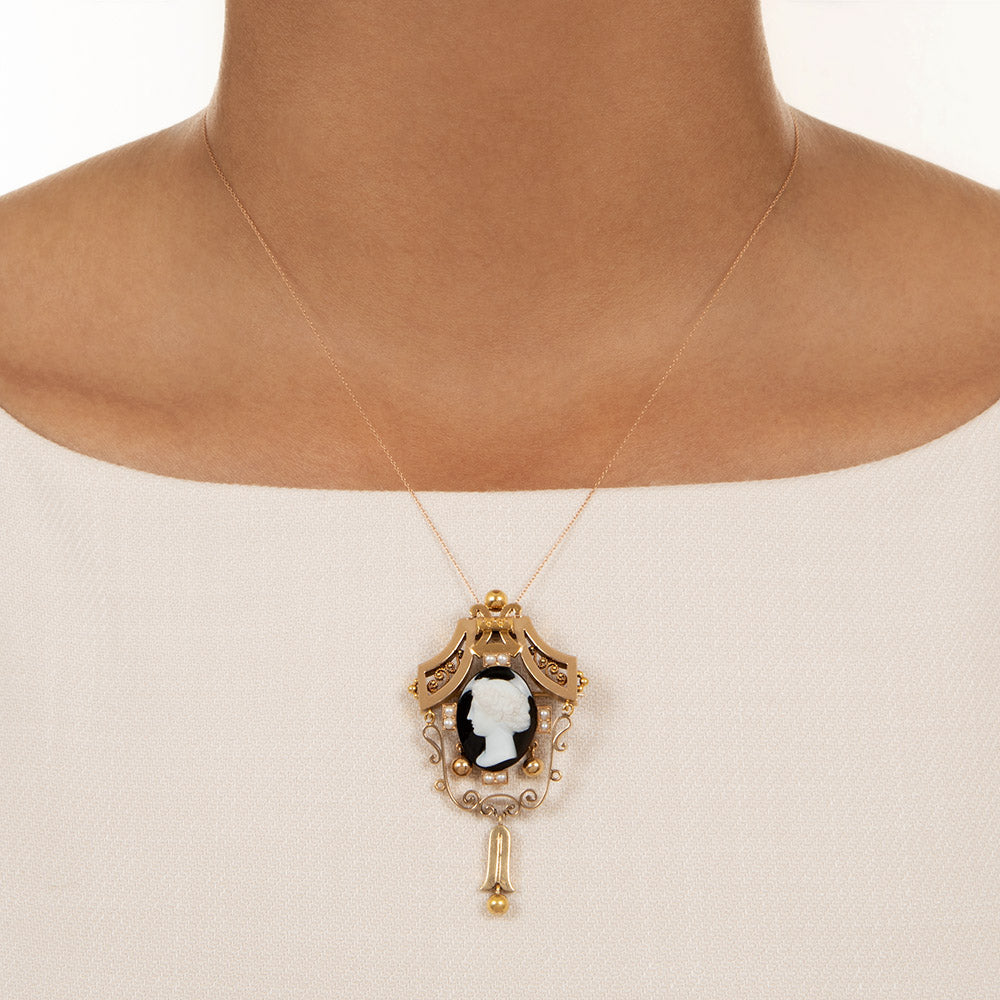 Victorian Onyx Cameo and Seed Pearl Pendant/Brooch - 9