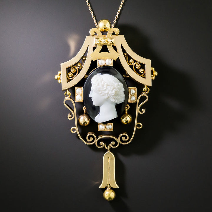Victorian Onyx Cameo and Seed Pearl Pendant/Brooch
