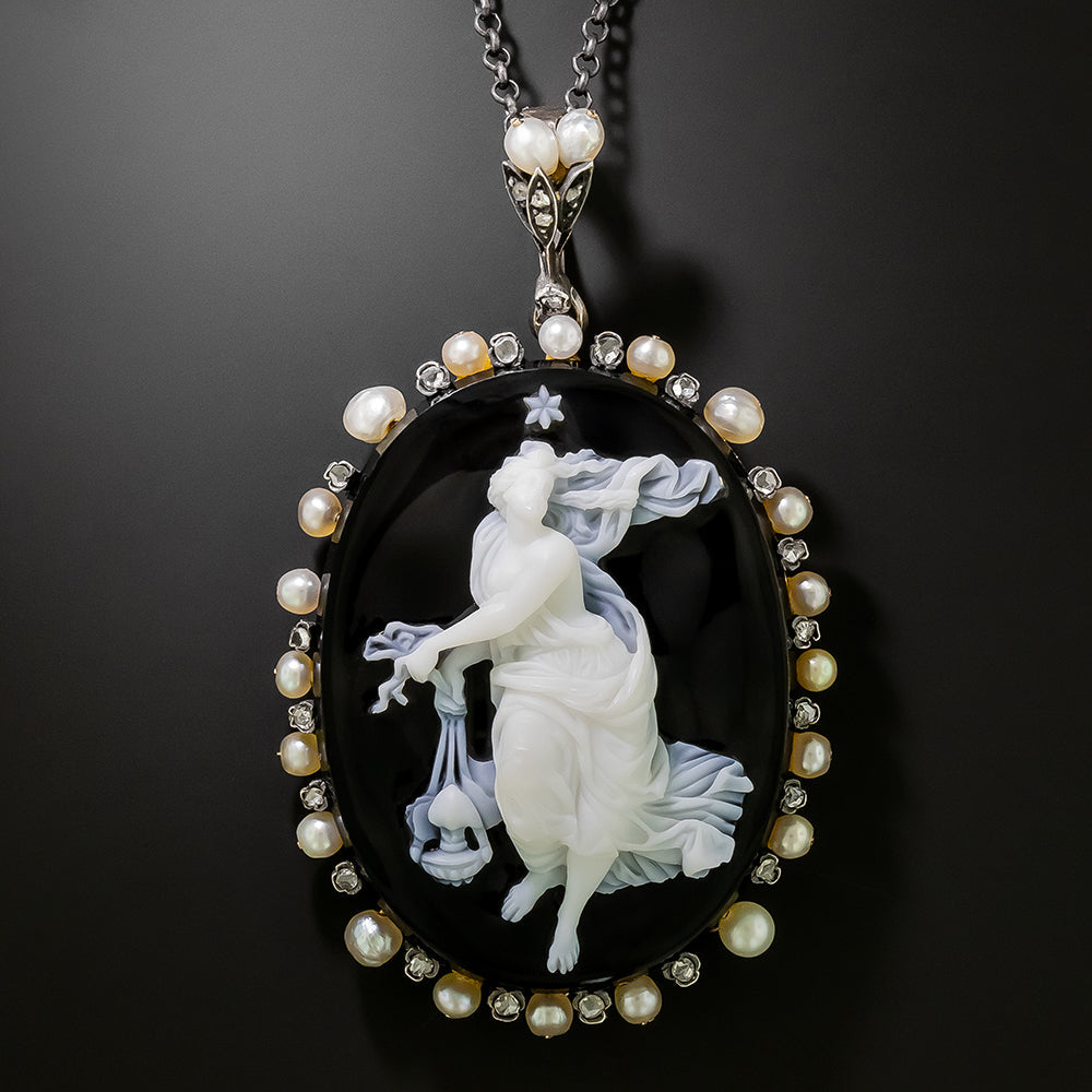 Victorian Onyx Cameo, Diamond and Pearl Necklace - 2