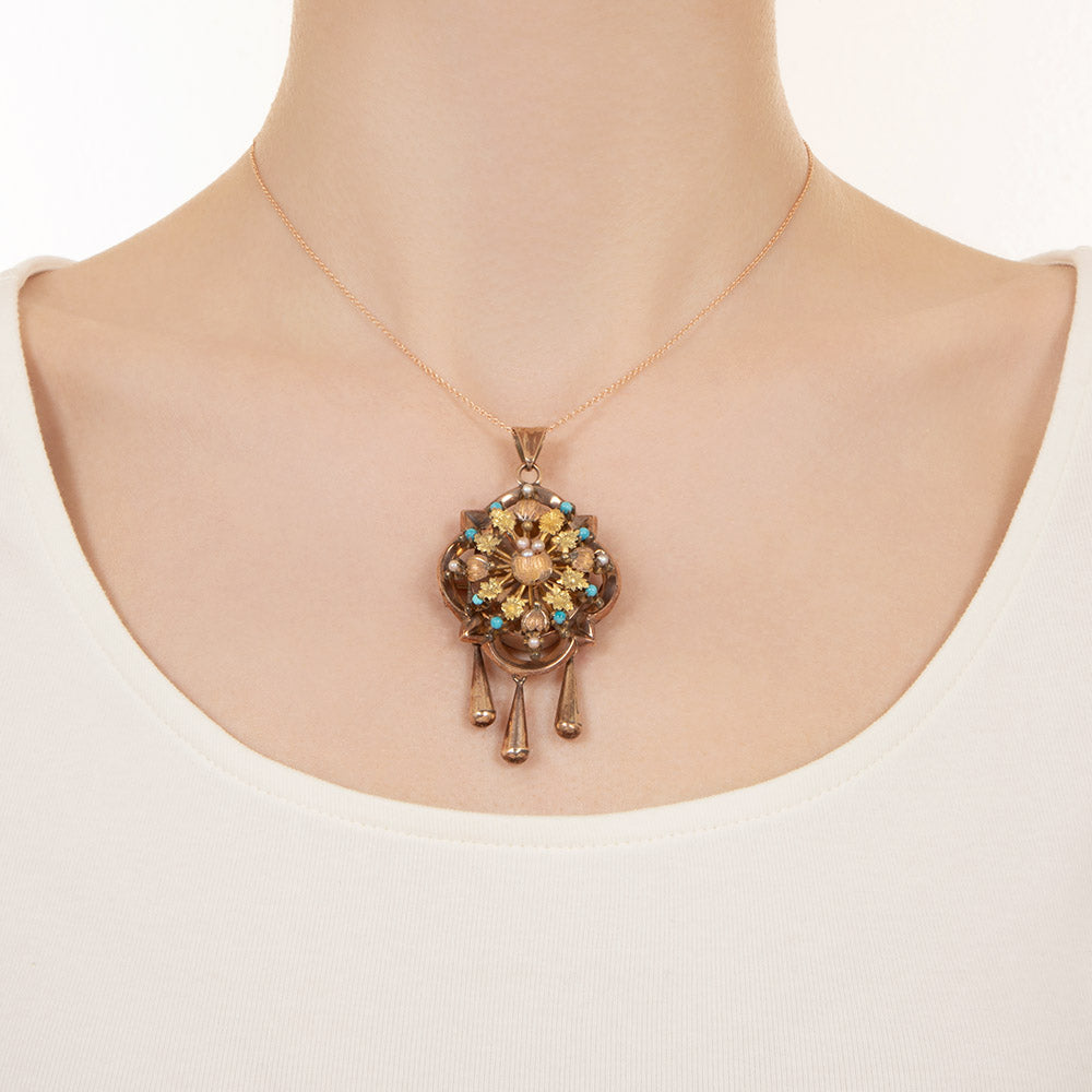 Victorian Pearl and Turquoise Bead Pendant - 5
