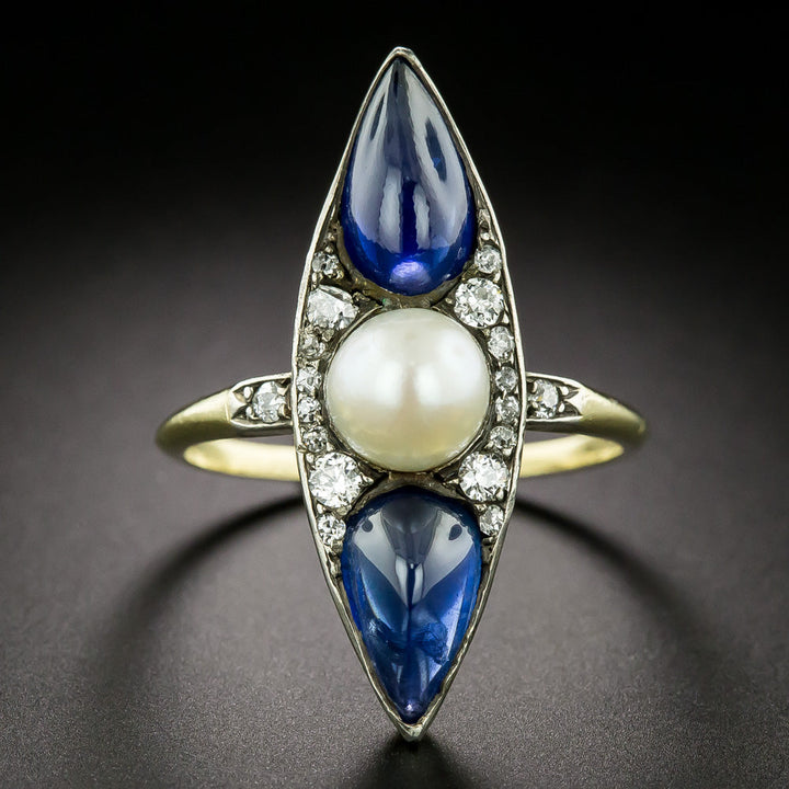 Victorian Pearl, No-Heat Sapphire and Diamond Dinner Ring
