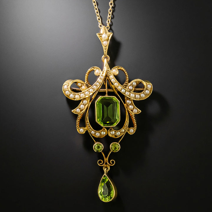 Victorian Peridot and Natural Pearl Pendant/Brooch, United Kingdom
