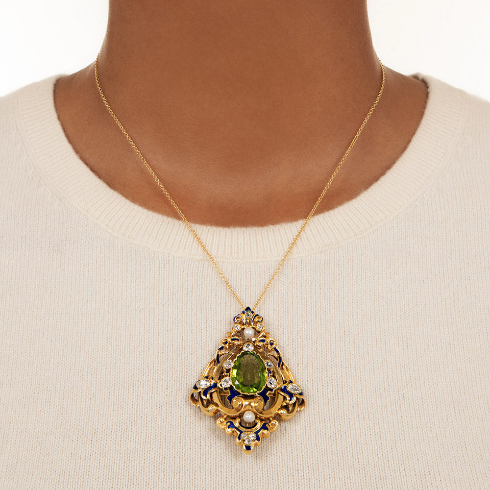 Victorian Peridot, Diamond, Pearl and Enamel Pendant/Brooch - 2