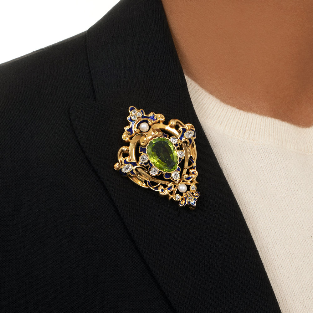 Victorian Peridot, Diamond, Pearl and Enamel Pendant/Brooch - 3