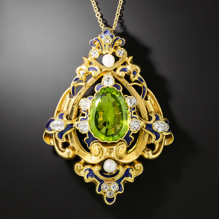 Victorian Peridot, Diamond, Pearl and Enamel Pendant/Brooch