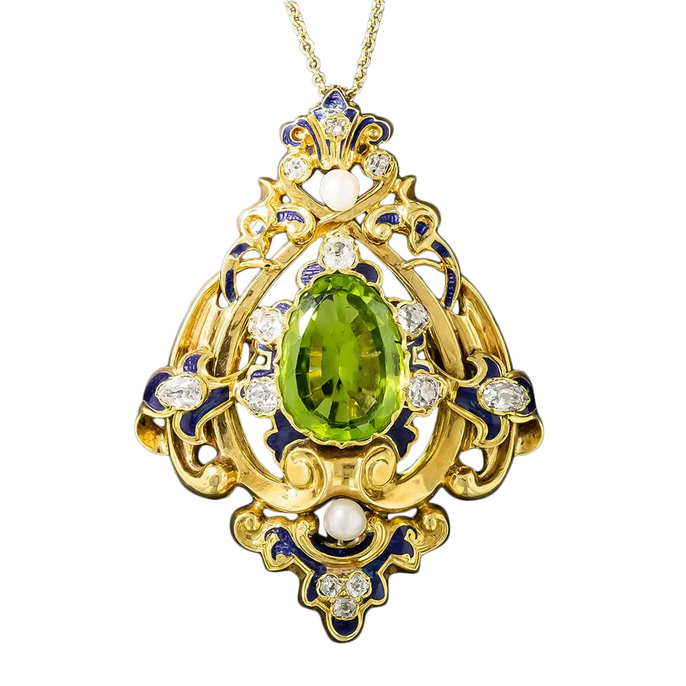 Victorian Peridot, Diamond, Pearl and Enamel Pendant/Brooch - 3