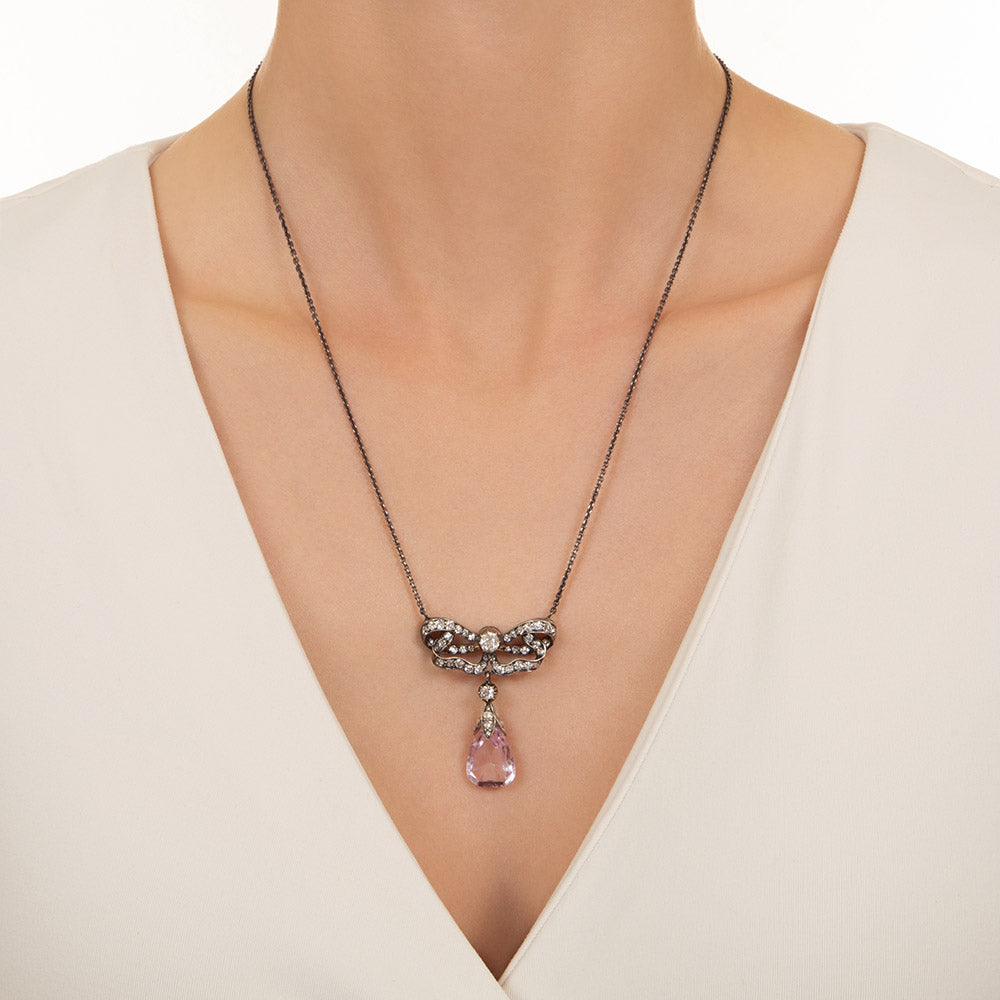 Victorian Pink Topaz and Diamond Lavaliere Necklace  - 4