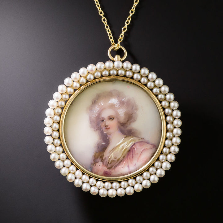 Victorian Portrait Miniature in Pearl Frame Pin/Pendant by Heintz Brothers