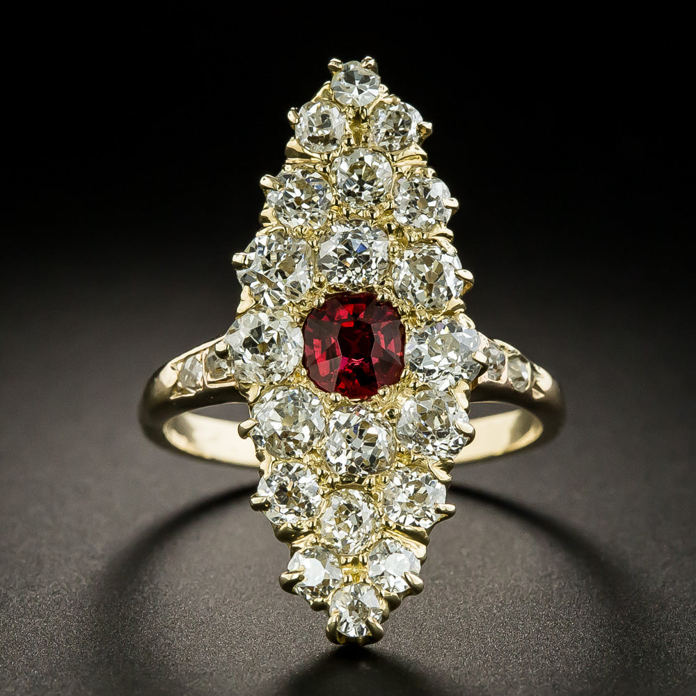 Victorian Red Spinel and Diamond Navette Ring - 1