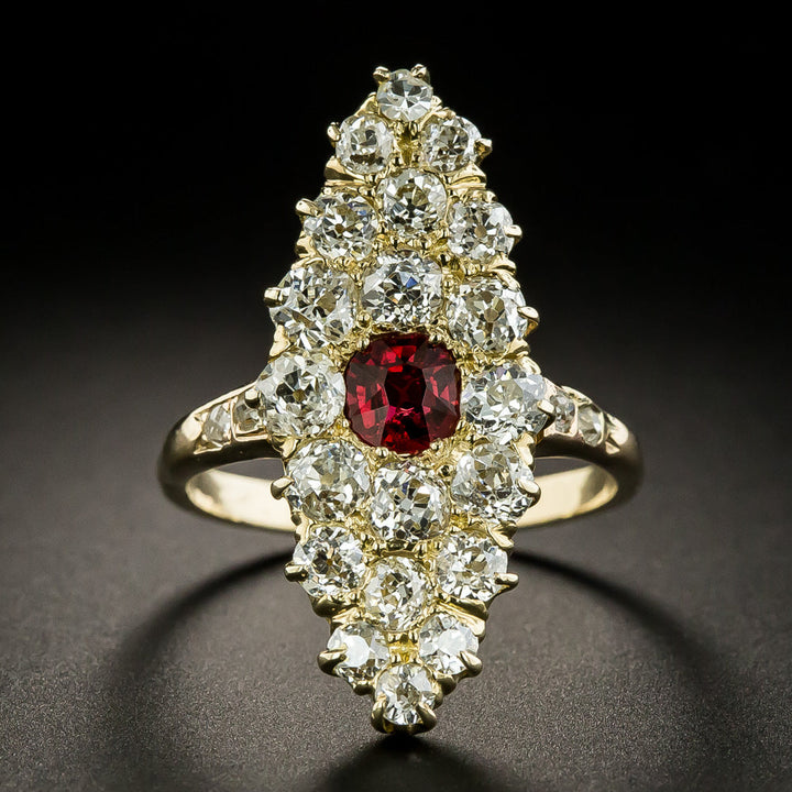Victorian Red Spinel and Diamond Navette Ring