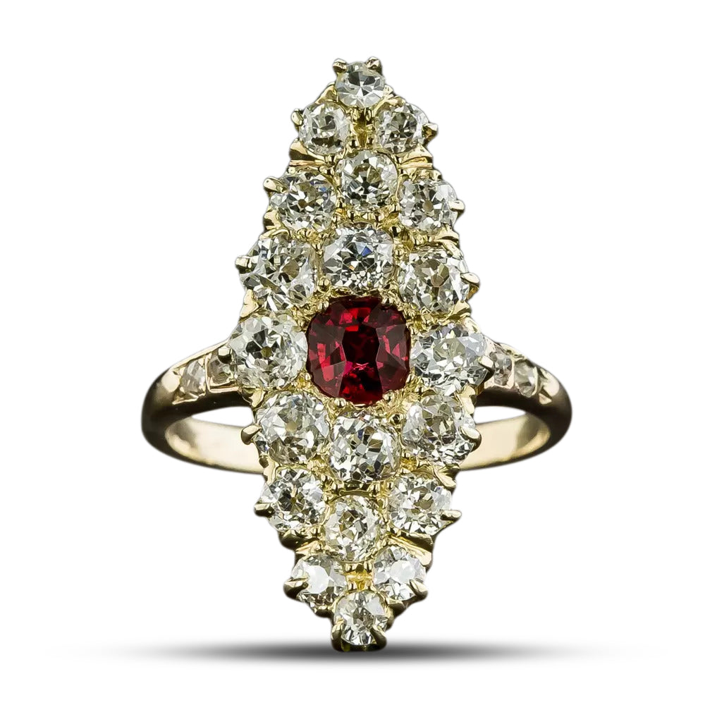 Victorian Red Spinel and Diamond Navette Ring - 4
